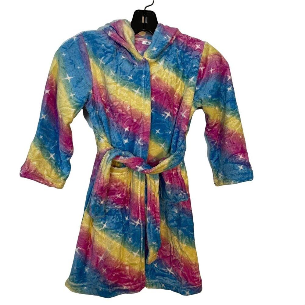Soft Bright Rainbow Unicorn Hooded Star Patten Bathrobe with Tie Robe